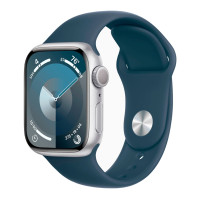 Apple Watch 9 45mm Silver Aluminum Case with Storm Blue Sport Band